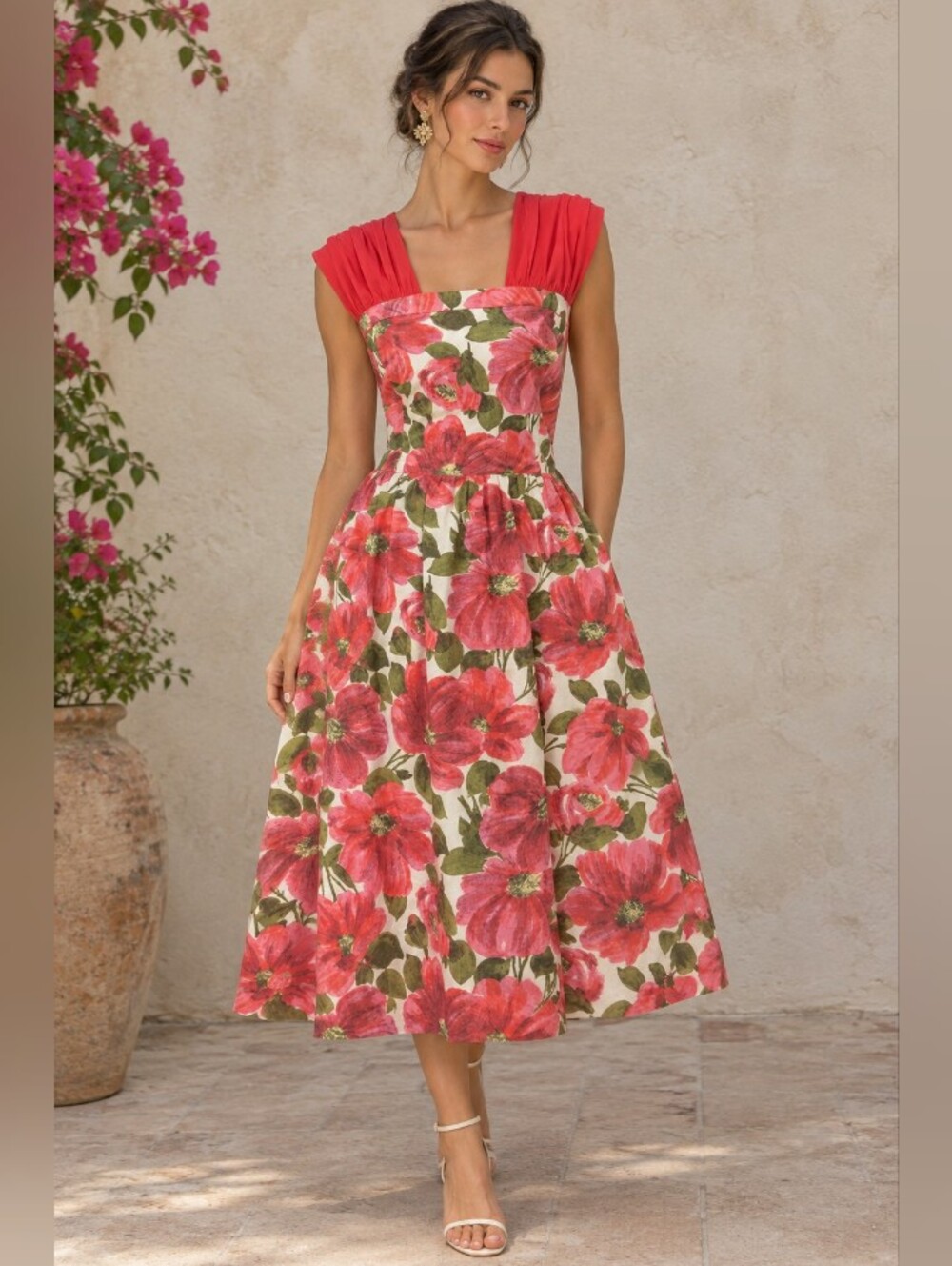 Anthropologie Pink Floral Midi Dress with Olive Leaves
